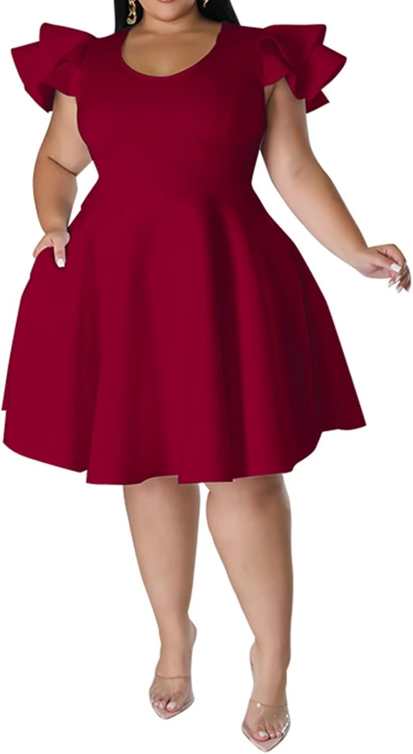 IyMoo Women's Plus Size Cape Flutter Sleeve Stretchy A Line Swing Flared Skater Cocktail Party Dress with Pockets