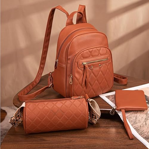 Image of Comfabie women's quilted backpack set, 3 pieces, with matching crossbody bag and wristlet pouch, college bags, office, work, travel, casual daypacks, handbags, purses & clutches Rakhi Gift for Sister