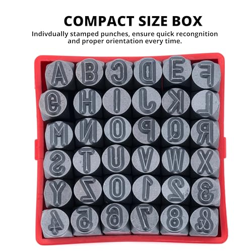 Image of NEIKO 02625A Number and Letter Punch Set with Heat-Treated Steel Punches, Imprinting & Arts and Crafts, 5 /16 inch (8MM) Shaft, 36 Pc Stamp Set, Uppercase Letter & Number Punch Set (A-Z / 0-8 / inch& inch Symbol)
