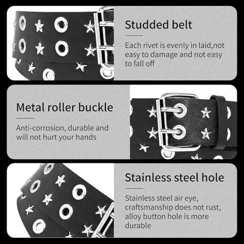 2 Pcs Black Studded Belt, Y2K Belt Star Goth EMO Punk Rock Double Grommet with Bright Pyramid Studded for Women Men (Star Grommet)3