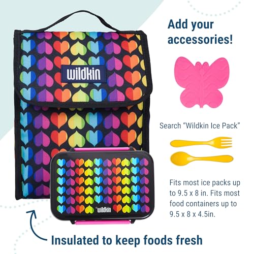 Image of Wildkin Kids Insulated Lunch Bag - Keeps Food Hot or Cold, Easy-Clean Lining and BPA-free for Boys & Girls, Ideal for School, Travel & Daycare - Rainbow Hearts
