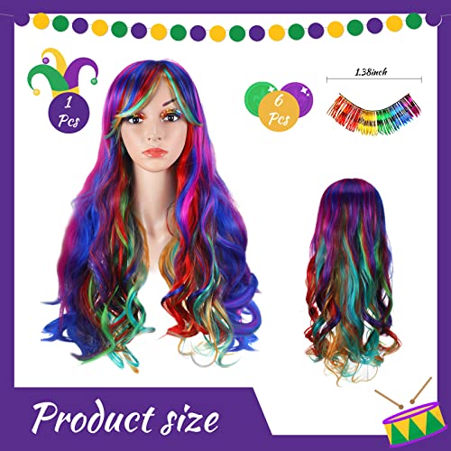 Halloween Cosplay Rainbow Multicolor Long Wavy Crazy Wigs With 3 Pairs Rainbow Eyelashes Flashy Tinsel Clown Play Eyelashes Rainbow Fake Lashes Accessories For Women Neon Costume Party #TOP1