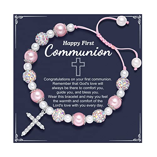 UNGENT THEM Pink Pearl and Rhinestone Bracelet First Communion Gifts Baptism Gifts for Girls