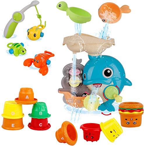 WISHTIME Badespielzeug für Babys, Kinder Wasser Dusche Badewannenspielzeug mit Delfin Wasserfall Bahnhof Rotieren Angelspiele Stapelbecher Für Kinder Baby ab 18 Monate