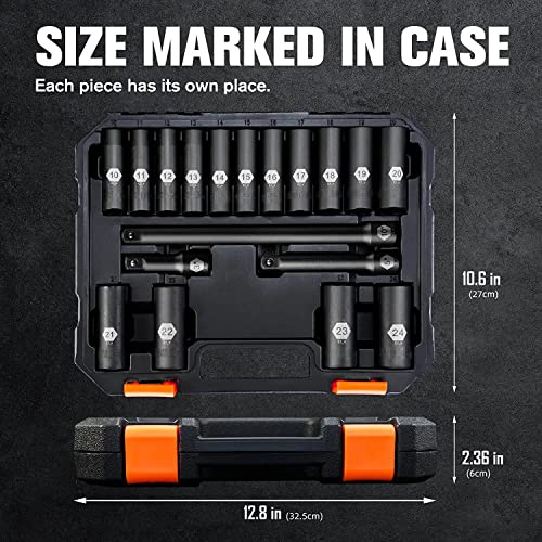 Pgroup 18-Piece 1/2" Drive Deep Impact Socket Set, Standard 6 Point Metric Sizes (10Mm - 24Mm), Cr-V Steel, With 3", 5", And 10" Impact Extension Bars And Heavy Duty Storage Case #TOP5