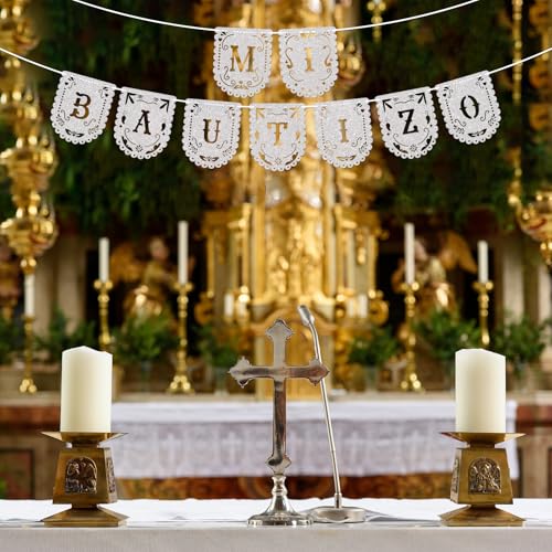 Image of Mi Bautizo Banner - God Bless Banner, Mi Primera Comunion Decor, First Holy Communion Sign, Baptism Christening Baby Shower Party Decorations Silver Glitter