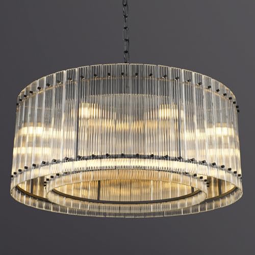 Image of 37 inch Modern Black Round Chandeliers,2-Tier 8-Light Water Ripple Crystal Glass Chandelier,for Dining Room,Living Room,Bedroom,High Ceiling,Foyer Entryway,Luxury Adjustable Hanging Chandelier