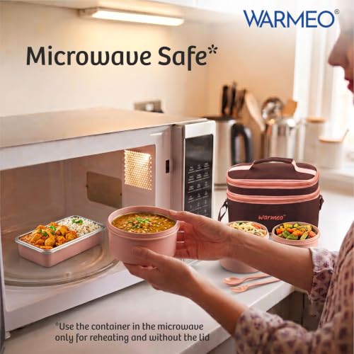 Image of WARMEO Micro Meal Microwave Safe Lunch Box | 1 Rectangular Container 600ml + 2 Round Containers 350ml Each + 2 Round Container 250ml Each + 1 Spoon + 1 Fork,Stylish Durable Jacket,Office,School,Brown