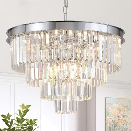 Image of Modern Chrome Crystal Chandelier 24 inch Dining Room Pendant Light Fixture