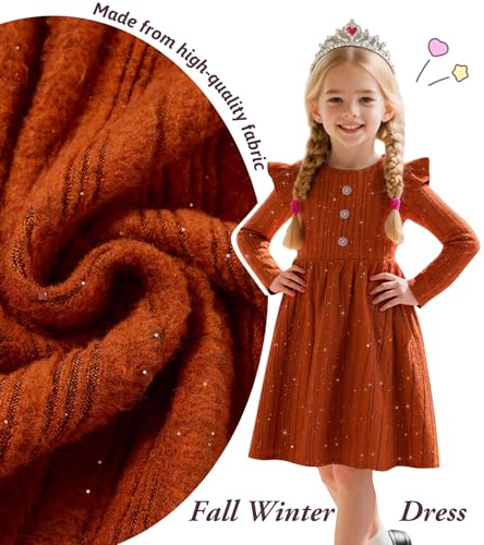 Toddler Girl Dress Long Sleeve Round Neck Ruffle Button A-Line Knitted Sweather Fall Dresses Size 2-6T2