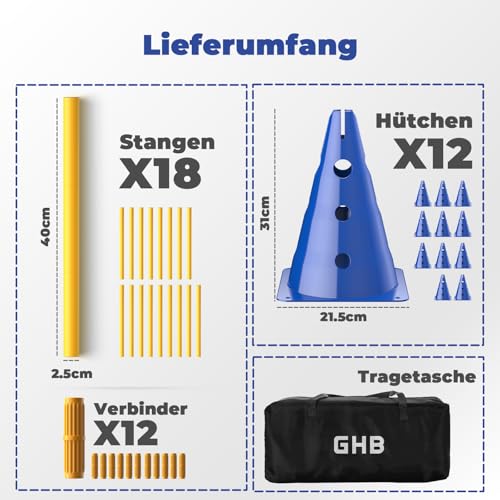 GHB Steckhürdenset Hobby Horsing 12 Kegel 18 Stangen, Agility Hürden Set Hunde, Fussball Trainingszubehör für Koordinationstraining mit Tragetasche