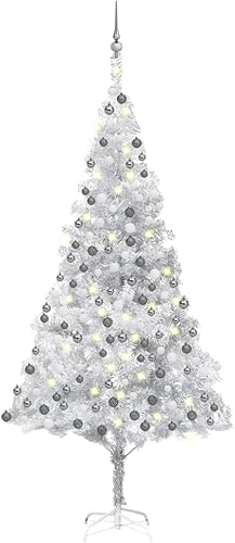 Juego de árbol de Navidad artificial con luces LED y bolas color plateado de 945 pulgadas para decoración de vacaciones en interiores y exteriores