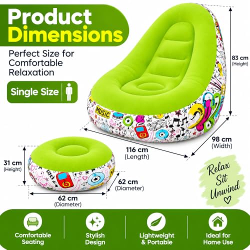 Image of Inflatable Lounge Chair with Matching Ottoman, Single Size, Foldable & Portable Relaxing Chair for Living Room, Bedroom & Home, Lime Green