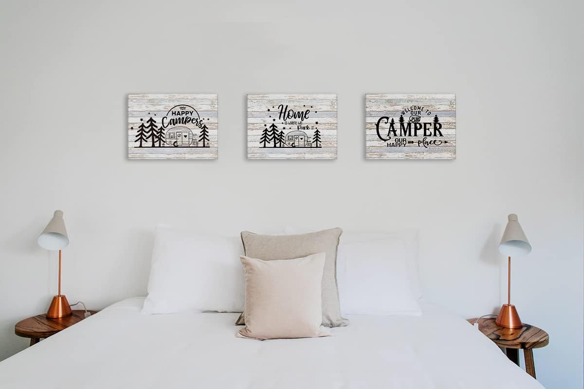 Welcome To Our Camper Happy Campers Camping Canvas Wall Art Prints Artwork Signs Framed for Campsite Porch Wall Decor Home Room RV Decor, 14X11 inch Set Of 3,Campers Camping Lovers Gifts