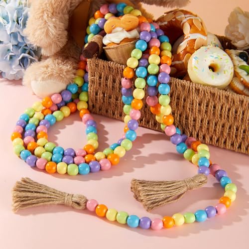 Image of Equsion Wooden Bead Garland with Tassels, Extra Long Fireplace Wood Bead Garlands Rustic Farmhouse Vintage Boho Beads Garland for Party Home Decor Tiered Tray Decorative Beads(Ice Cream Color)