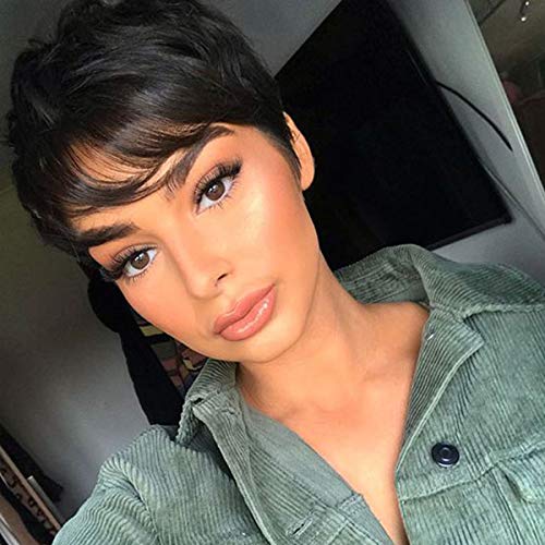 Miman Short Pixie Wig 100% Brazilian Human Hair With Bangs Layered Cut Hair Pixie Cut Wig for Women +Wig Cap（#1B Natural black）