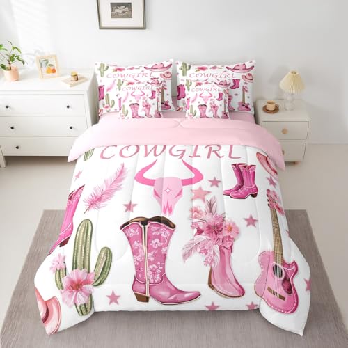 7 Pieces Cowgirl Comforter Set Queen Size, Girl Boots Hats Guitar Bedding Set for Kids Girls Women, Wild Western Cactus Cowboy Bed in a Bag with Comforter, Fitted Sheet, Top Sheet and Pillowcases