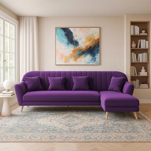 Image of Atticus RHS 6 Seater L Shape Sofa Set for Living Room (Purple Fabric) Premium Fabric Sofa Set