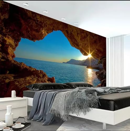カスタム写真壁紙 3D洞窟日の出海辺の風景壁画 リビングルームソファ寝室テレビ背景壁壁画壁紙ホームデコレーション-200X140Cm