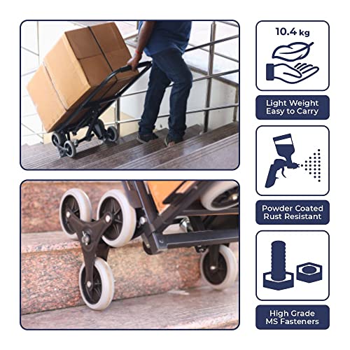 Image of HT150BS Staircase Climbing Hand Truck with Back Support 150kg Capacity Made of Durable Steel, with 360 Degree Swivel Wheels, Black Colour, (65x46x110cm), Portable Foldable Easily Storable