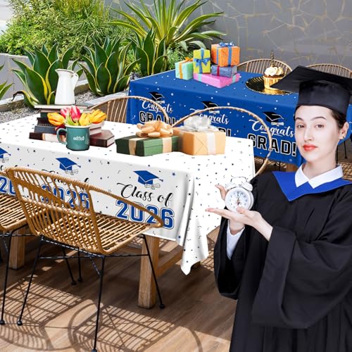 Image of 2026 Graduation Decorations,Congrats Grad Tablecloth 2pcs White Navy Blue Class of 2026 Table Covers Rectangle for Graduation Party Supplies,108x54inch(Blue)
