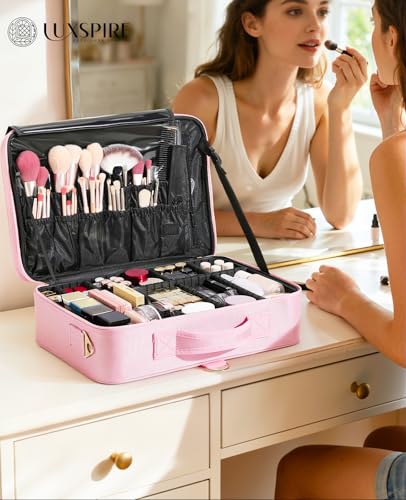 Luxspire Estuche Profesional de Maquillaje de 3 Capas, Maletín de Viaje Grande Organizador de Cosméticos con Espejo y Correa, Portapinceles y Bolsa de Almacenamiento para Artistas, Rosa - imagen 5