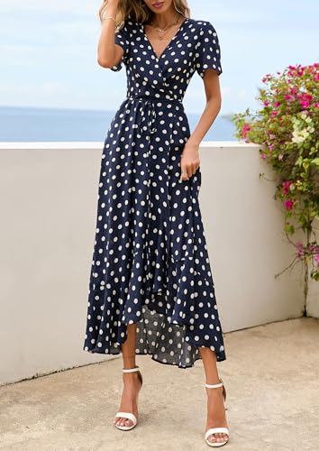 Image of PRETTYGARDEN Women's Summer Wrap Maxi Dress Casual Boho Floral V Neck Short Sleeve Ruffle Hem Split Beach Long Dresses