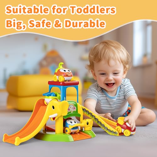 lerrbo Kleinkindspielzeug für 0 1 2 3 Jahre alte Jungen und Mädchen Geburtstagsgeschenke, Elefantenrutsche mit 4 Cartoon Autos Lernen Babyspielzeug 12-18 Monate, Lernspielzeug für 1+ Jahr alt