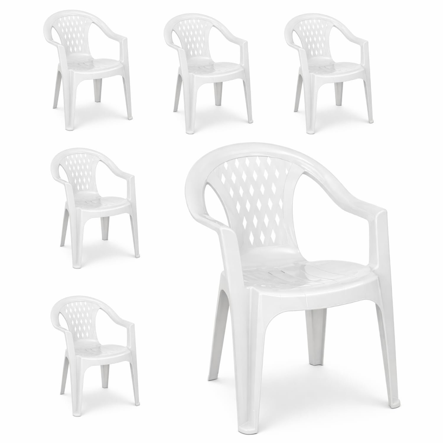 VIRSUS Set 6 Sedie da Giardino in Polipropilene di colore BIANCO, misura 57x61,​5x79 cm, Sedia Impilabile, Schienale Basso con Rombi e Braccioli per Esterno ed Interno, Made in Italy -​LYR508F