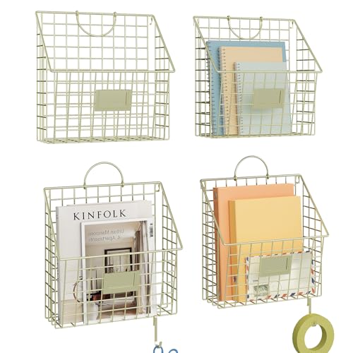 Yuzehuaza Wall File Organizer Mesh Hanging Wall Files Holder,Magazine Rack and Mail Basket with Hooks, Office Wall Organizer for Papers Folders Files Clipboard 4 Packs, Gold(Patent Pending) by Yuzehuaza - Used condition - US$29.59