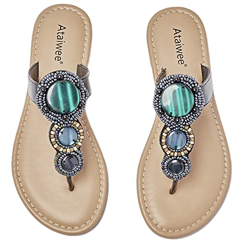 Ataiwee Women's Slide Sandals - Fashion Beaded Comfortable Bohemian Thong Summer Shoes.(2207011-1,Bk/Pu,8) #TOP19