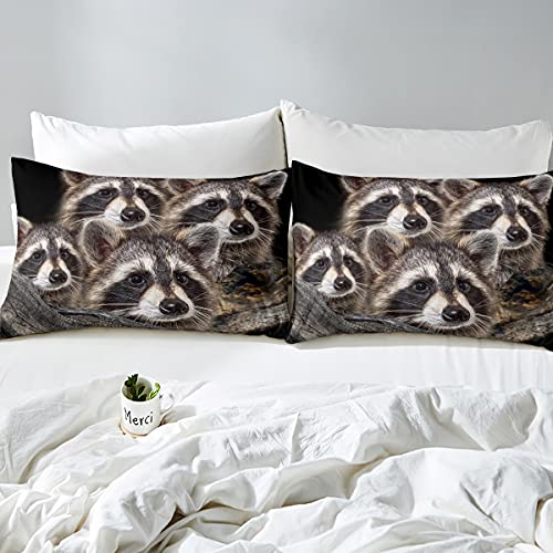 Loussiesd Raccoon Bedding Set Kids Brown Raccoon Panda Duvet Cover Set 3D Raccoon Animal Pattern Bed Set Soft Microfiber Bedclothes with 2 Pillowcase King Size Bed Cover - Image 2