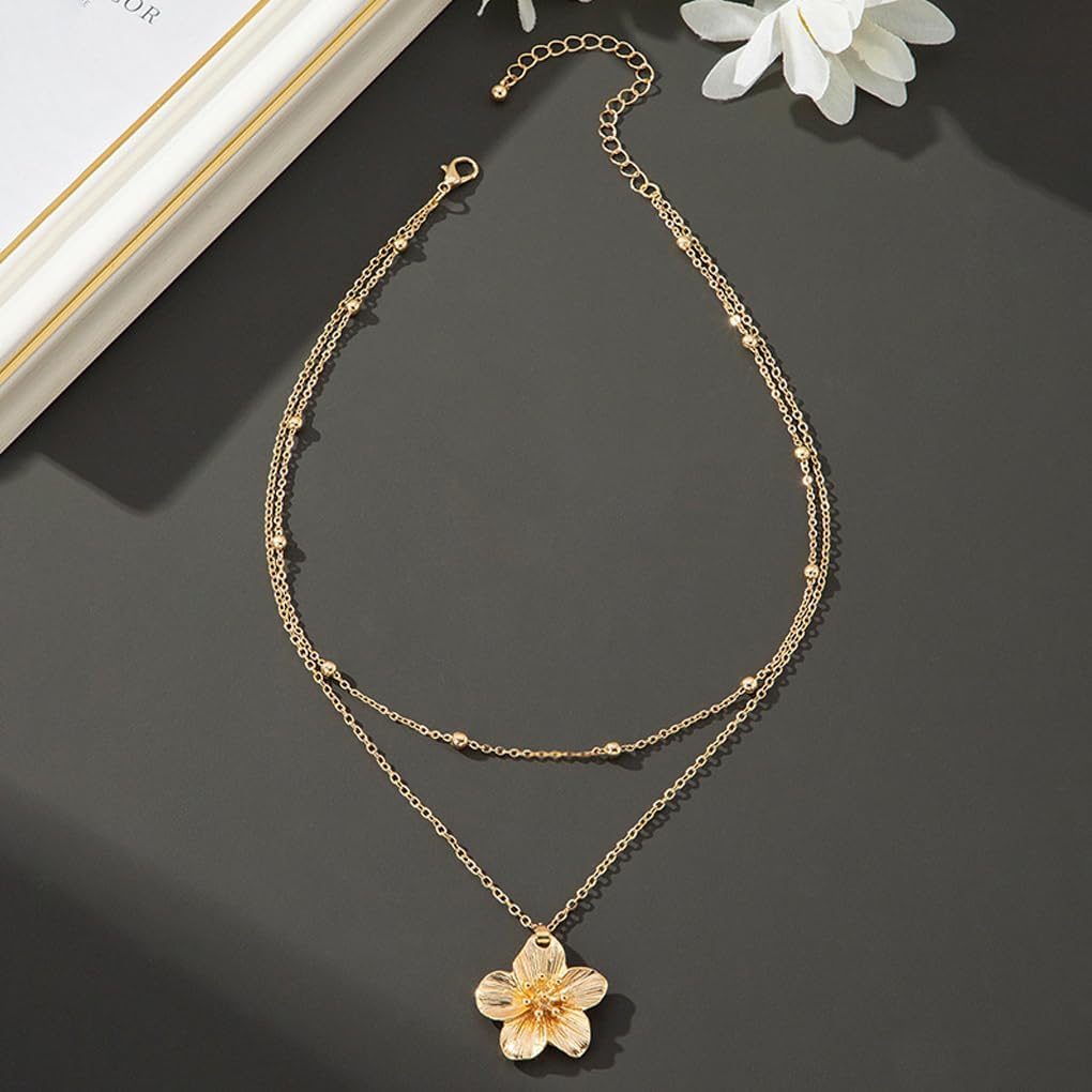 Gold Flower Statement Necklace Layered Flower Beaded Choker Necklace for Women Trendy Chunky Vacation Jewelry Accessories - Image 6