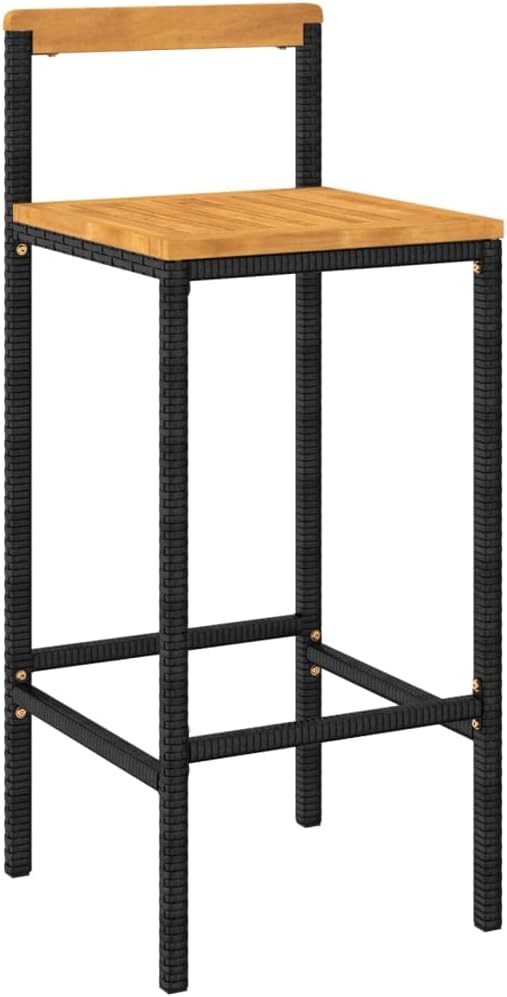11 Piece Black Poly Rattan and Solid Wood Acacia Garden Bar Set with Tempered Glass Tabletop and Powder-Coated Steel Frame for Outdoor Patio