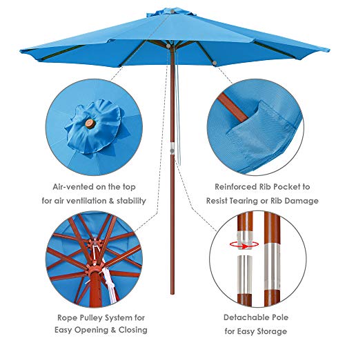 Yescom 9Ft Wooden Outdoor Patio Blue Umbrella W/ Pulley Market Garden Yard Beach Deck Cafe Sunshade #TOP3