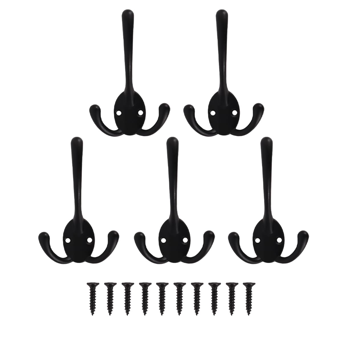 DUZEPA 5PCS Black Wall Hooks, Retro Heavy Duty Triple Hooks for Coat Jacket Hat Bag Robe Towel Scarf Keys Cup