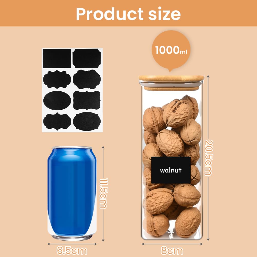 Barattoli di Cucina in Vetro, Set di 3 Barattoli in Vetro Borosilicato, 1000ml Barattolo Vetro con Coperchio, Barattolo e Contenitori con Etichette, per Cereali, Pasta, Zucchero, Caffè, Spezie