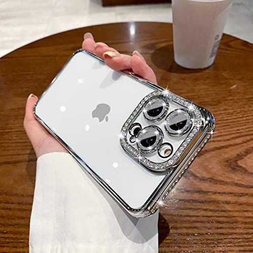 Mowime Glitter Case Compatible With Iphone 14 Pro Max [Non-Yellowing] Camera Lens Screen Protector Silvery Slim Thin Bling Sparkle Cute Shockproof Phone Case For Women,6.7 Inch,Shiny Clear #TOP2