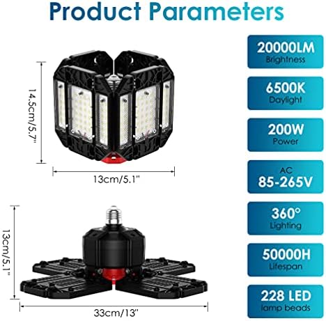 200W LED Garage Light 1 Pack - 20000LM 6500K Deformable Ceiling Lighting Fixture with 12 Adjustable Panels - E26/E27 Bay Light for Garage | Basement | Shop | Workshop | Barn | Warehouse