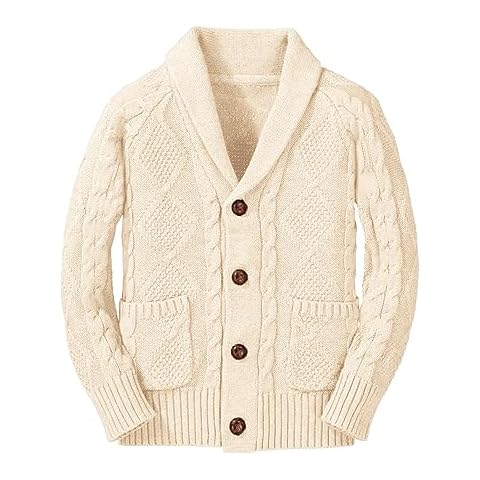 Inorin Boy's Sweater Cardigan Button Down Shawl Collar Cable Knitted Outwear Sweater Coats with Pockets Apricot Cover