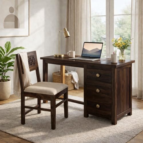 Image of Solid Sheesham Wood Study Table with 3 Drawers & Chair Set - Dark Walnut Finish Writing Desk for Home Office, Bedroom & Study Room, Durable Wooden Computer Desk with Storage