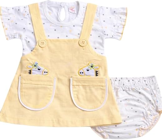 Button&amp;Bow Baby Girls Clothing Set with Pinafore Dress T-Shirt and Bloomers with Animal Design For 0-6 Months
