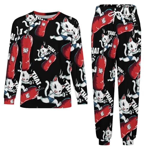Muay Thai Cat Punching Bag Men’s Pajama Set Long Sleeve Top And Pants Loungewear Sleepwear Pjs Nightwear3