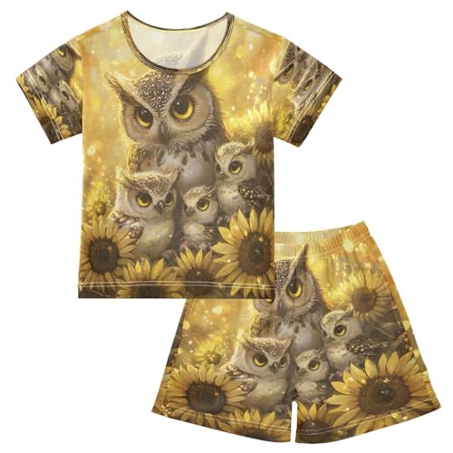 ALAZA Family Owl Sunflower Pajamas Set Short Sleeve Cotton Sleepwear Summer Pjs 2 Piece 5-14Y