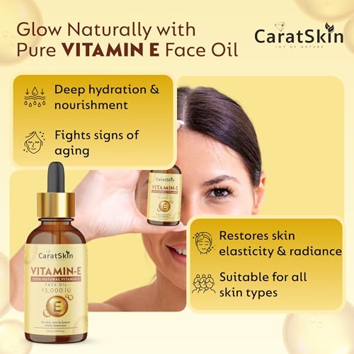 Image of CaratSkin Vitamin E Oil 50ml | 15000 IU High Potency | 100% Natural | Moisturizing Oil for Hair & Skin | Helps Reduce Stretch Marks, Fine Lines & Wrinkles | Restores Glow & Skin Elasticity | For All Skin Types