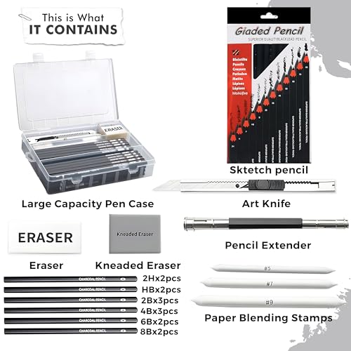 Image of DaKos Professional Sketching Pencil Set for Artists - Complete Drawing Kit with Graphite Pencils Set & Carry Box, Art Supplies for Shading & Sketching with Pencil Set in Cardboard Box (34 Pcs)