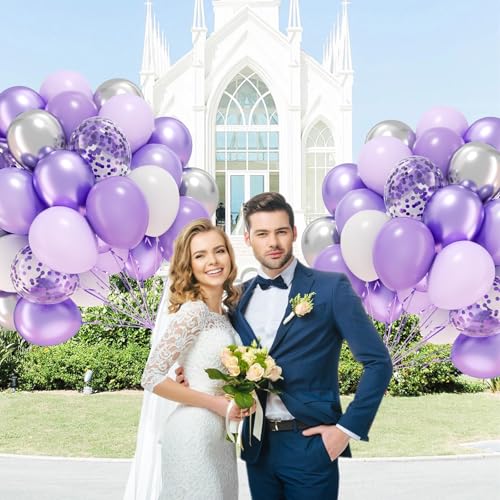 Image of 60pcs Purple and Silver Balloons 12inch with Pearl Purple White Metallic Silver Confetti Balloons for Wedding Bridal Baby Shower Birthday Party Decorations
