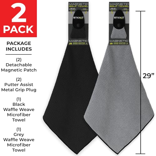 STICKIT Magnetic Golf Towel Gray and Black 2-Pack | Top-Tier Microfiber Golf Towel with Deep Waffle Pockets | Industrial Strength Magnet for Strong Hold to Golf Carts or Clubs - Thumbnail 7