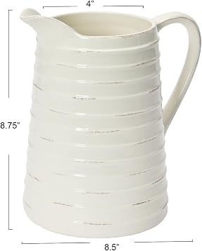 Creative Co-Op 87-Ounce Embossed Stripe Ceramic Pitcher, Distressed White