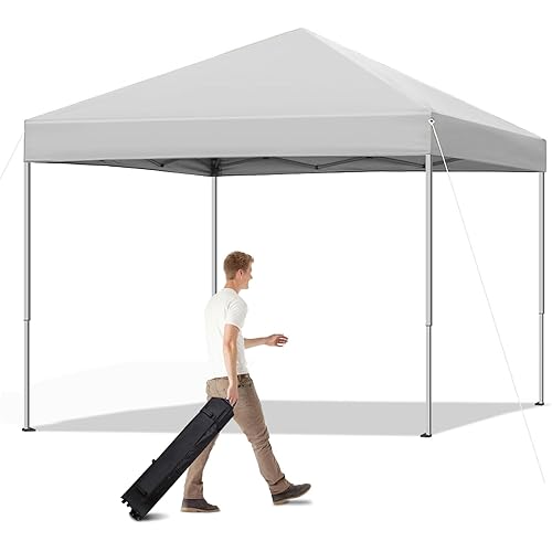 10x10 Pop Up Canopy Tent, Outdoor Canopy for Patio with Roller Bag, 3 Adjustable Heights, Outdoor Tent Canopy for Backyard/Bench/Garden,White